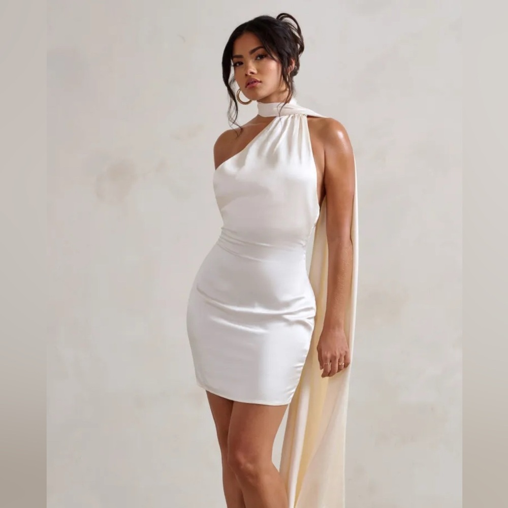 CREAM ASYMMETRIC NECK MINI DRESS WITH SCARF DETAIL NWOT XL